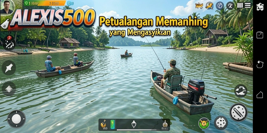 Gameplay ALEXIS500 yang menampilkan berbagai lokasi memancing.