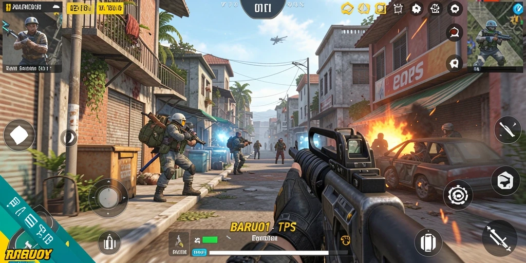 Tangkapan layar gameplay BARU01 yang memperlihatkan aksi menembak seru.