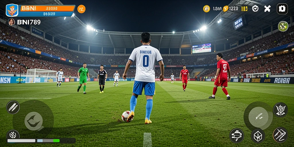 Tangkapan layar dari gameplay BNI789 yang menampilkan pertandingan sepak bola.