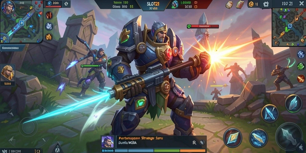 Gambar menampilkan aksi seru dalam pertarungan di SLOT21 MOBA.