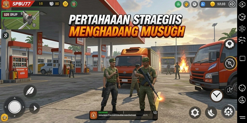 Tangkapan layar menunjukkan gameplay seru SPBU77 pada mode Tower Defense.