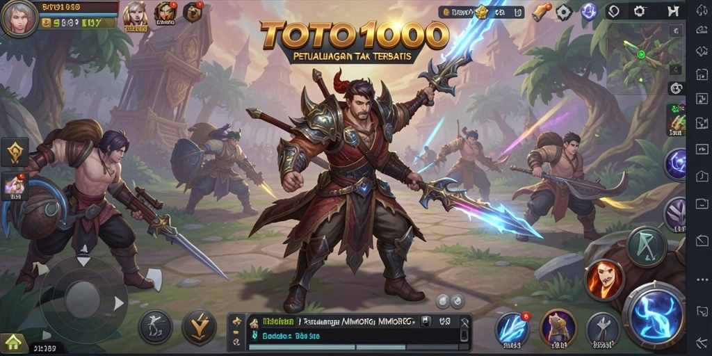 Tangkapan layar utama TOTO1000 menampilkan pertarungan epik antara pemain dan monster.