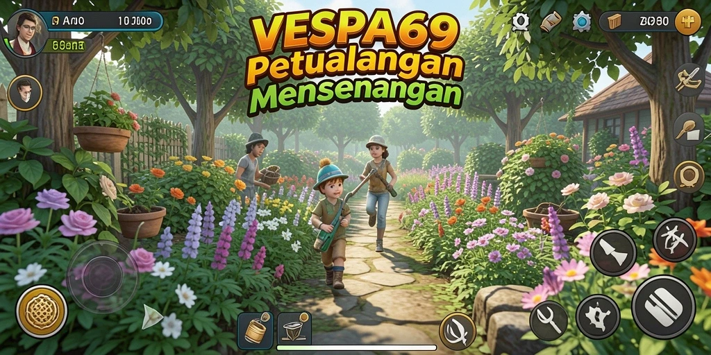 Screenshot VESPA69 menampilkan kebun yang subur dan penuh tanaman.